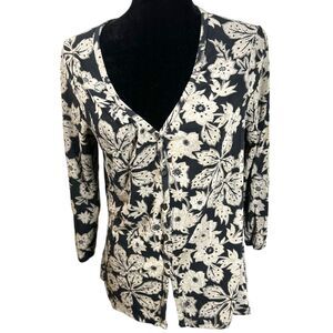 J. Jill Stretch Black Floral Button Down Blouse Women's Size Medium